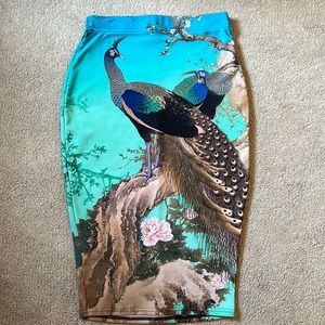 PEACOCKS IN SPRING MIDI PENCIL SKIRT